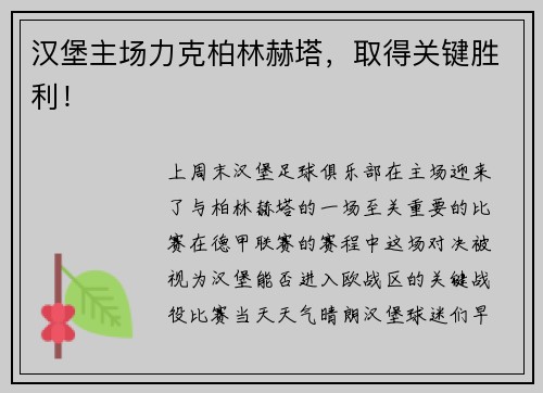 汉堡主场力克柏林赫塔，取得关键胜利！