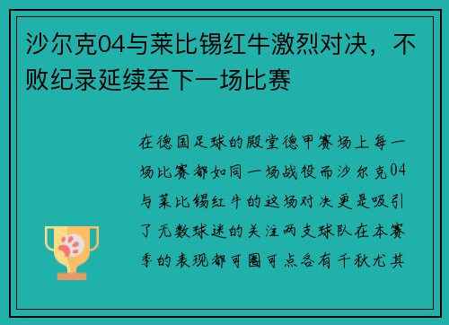沙尔克04与莱比锡红牛激烈对决，不败纪录延续至下一场比赛